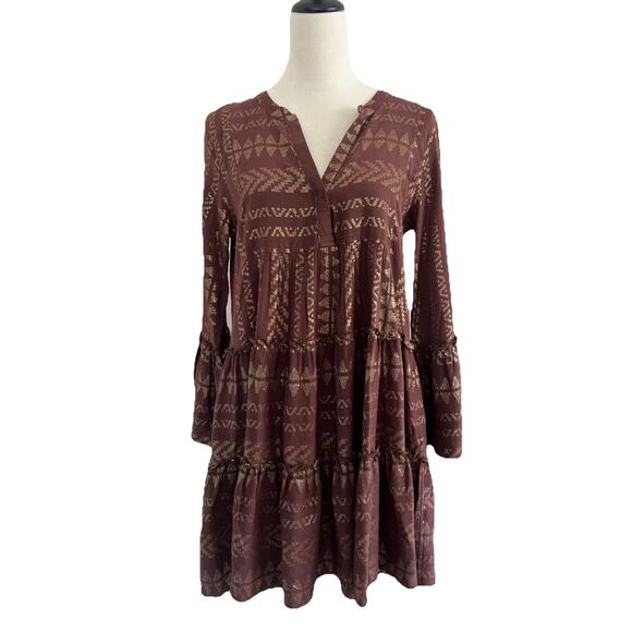 Elan Tiered Dress Womens Medium Brown Gold Babydoll Bell Sleeves Pull Over Boho - Picture 1 of 9